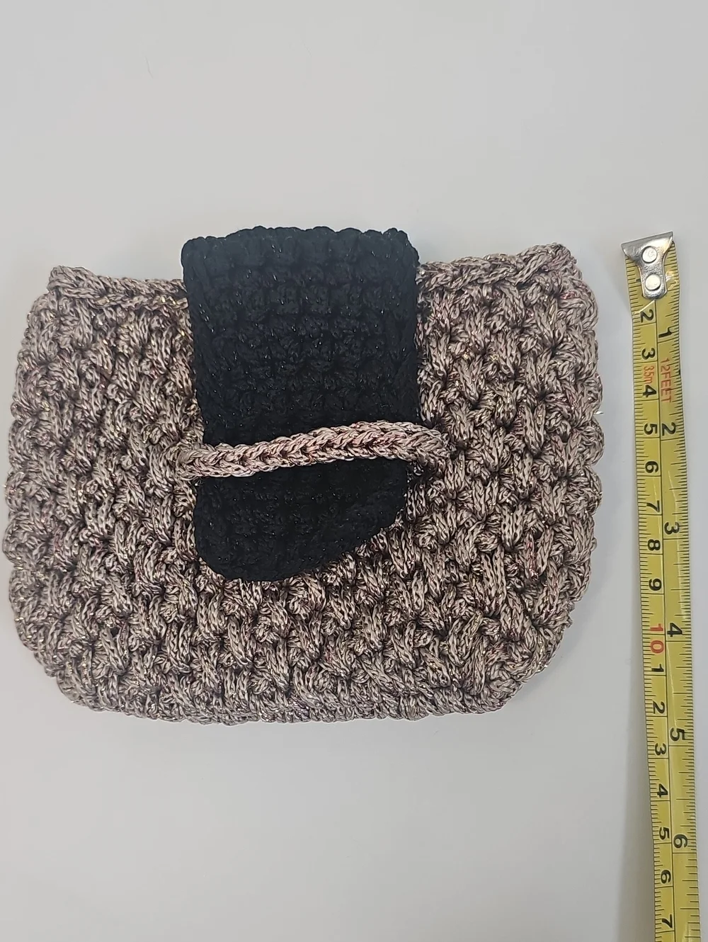 Hand Knit Mini Clutch Purse Gold & Copper Metallic w Brown Flap
